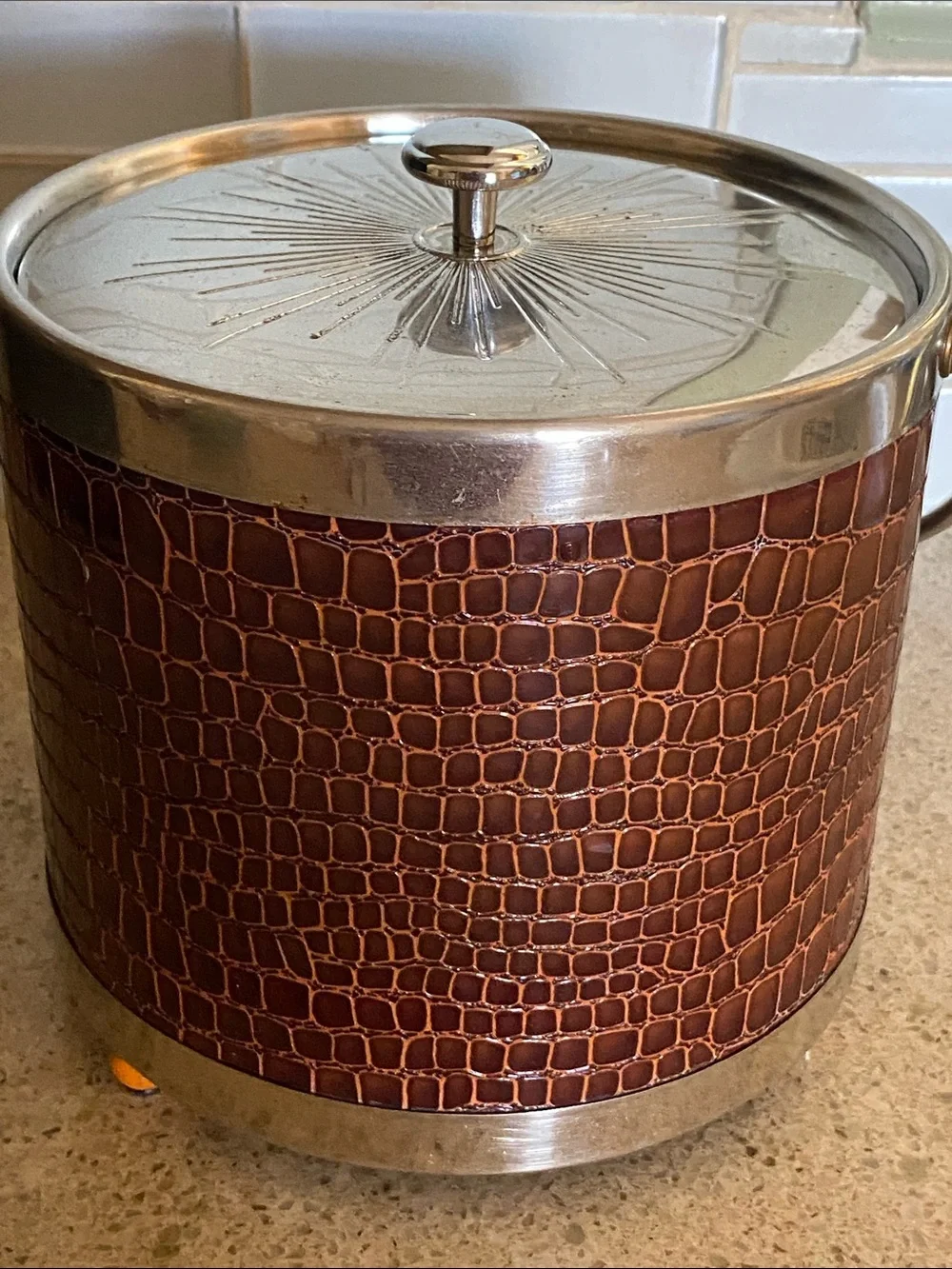 Vintage Brown Croc-Embossed Ice Bucket with Silver Tone Trim